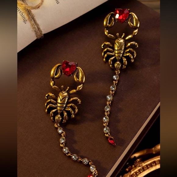 Gothic Scorpion Drop Earrings | Red Crystal Heart & Rhinestone Tail - Picture 1 of 12